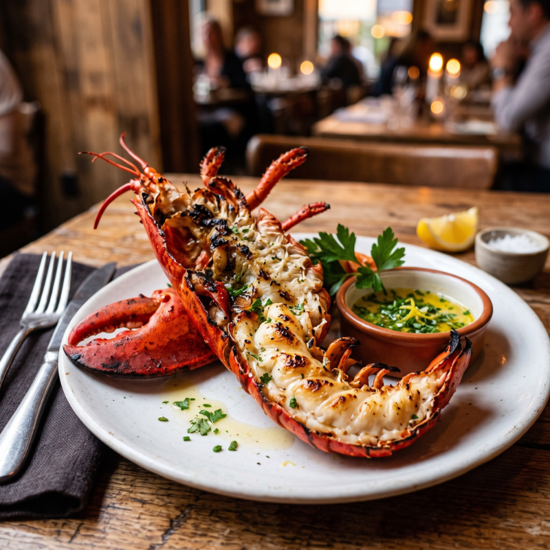 A detailed close-up photograph of a whole, split, charred grilled lobster served on a white plate, resting on a rustic wooden table. The plate holds the beautifully cooked lobster with herb-garnish, a ramekin of herb butter sauce, a lemon wedge, a small bowl of coarse salt, and a set of cutlery (fork and knife) on a dark napkin. The warm, dimly lit restaurant background is softly blurred with candlelight and patrons