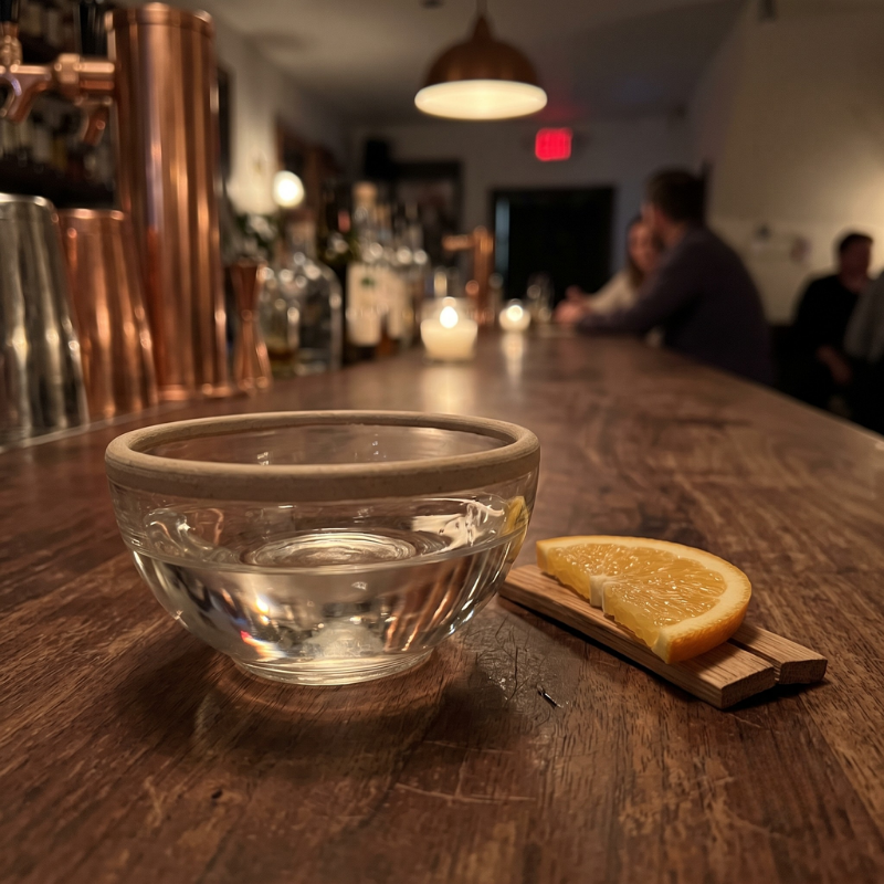 A small pour of clear mezcal in a wide, shallow glass resting on a dark wooden bar top. Next to it sits a fresh orange slice on a small wooden rest. The background features a warmly lit, softly blurred bar setting with copper fixtures and silhouetted patrons.