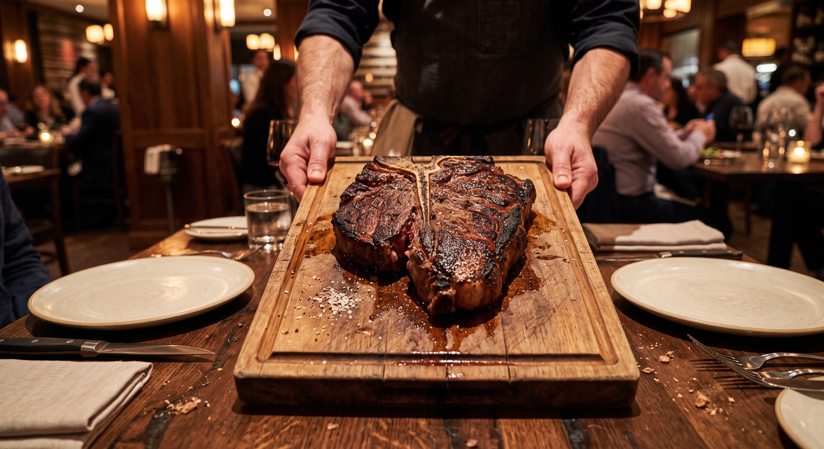 A Porterhouse for two served at Sofia, a fine dining Italian steakhouse in Englewood, NJ.