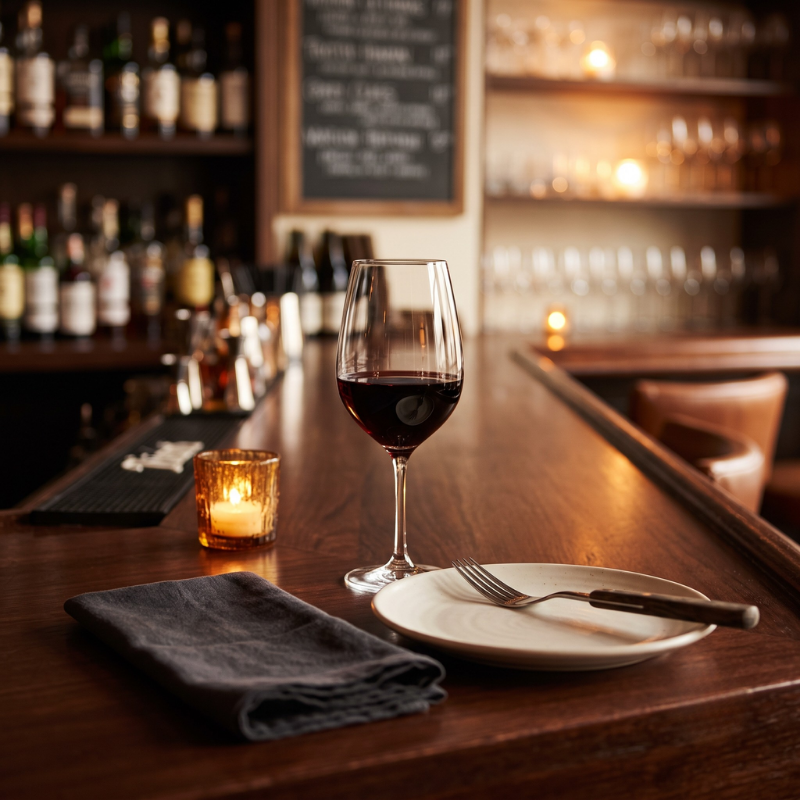 A warm, inviting close-up of a single place setting at a polished wooden bar. The scene includes a glass of red wine, an empty white plate with resting silverware, a neatly folded dark napkin, and a small glowing votive candle. The dimly lit, softly out-of-focus background reveals shelves of bottles and glassware, capturing a quiet, relaxed atmosphere.