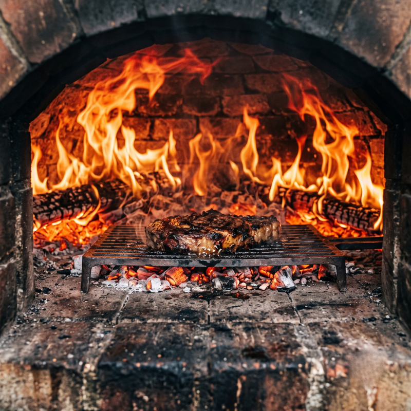 A close-up, low-angle shot looking into the mouth of a rustic brick wood-burning oven. A thick, perfectly seared steak rests on a heavy cast-iron grate positioned directly over glowing hot coals. Bright, roaring orange flames rise against the back wall of the oven, illuminating the cooking meat and the charred brick interior.