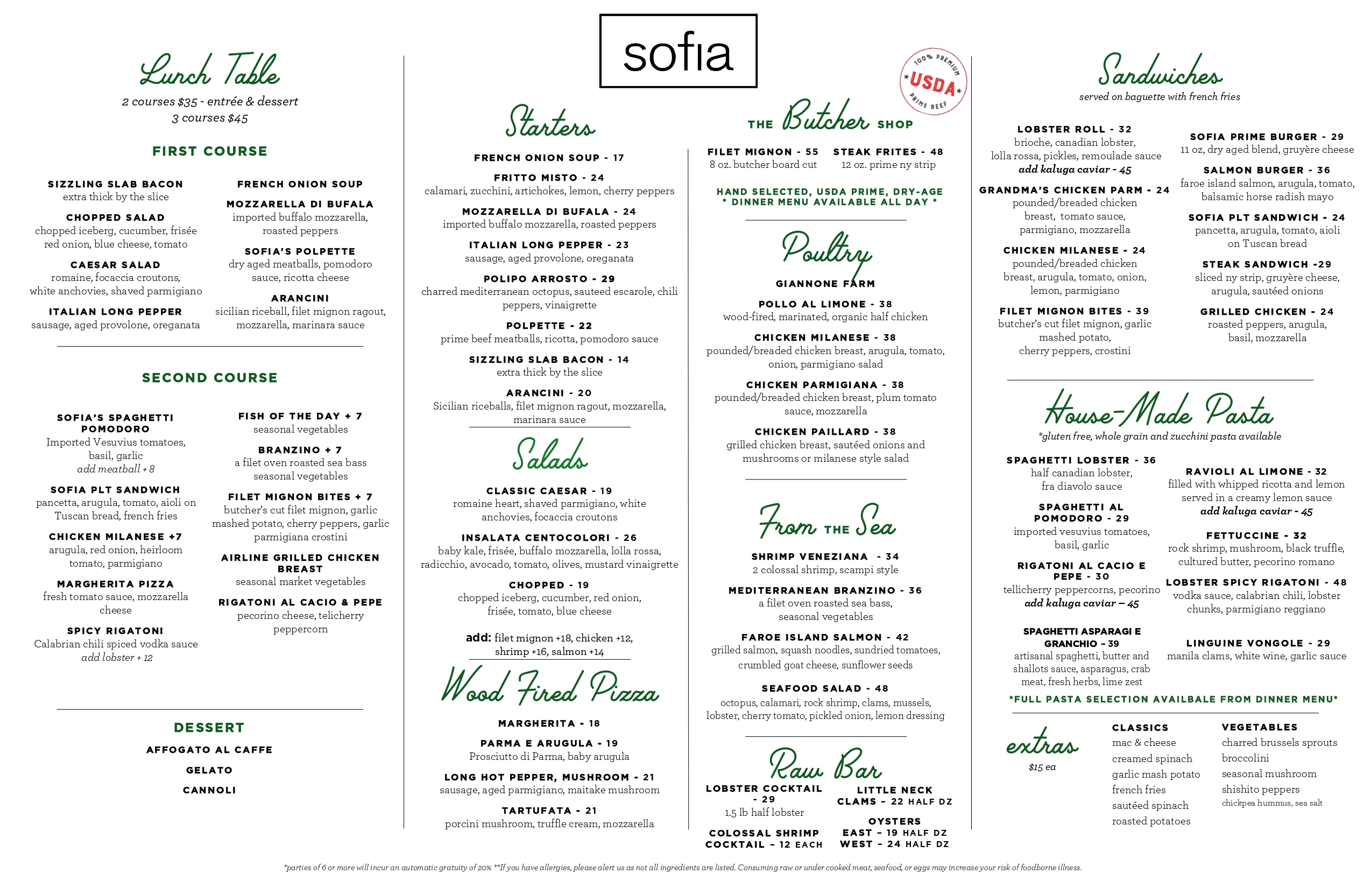 A focused menu at Sofia, a fine dining Italian steakhouse in Englewood, NJ.