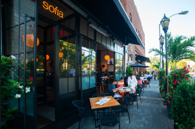 A long table set for a group reservation at Sofia, a fine dining Italian steakhouse in Englewood, NJ.