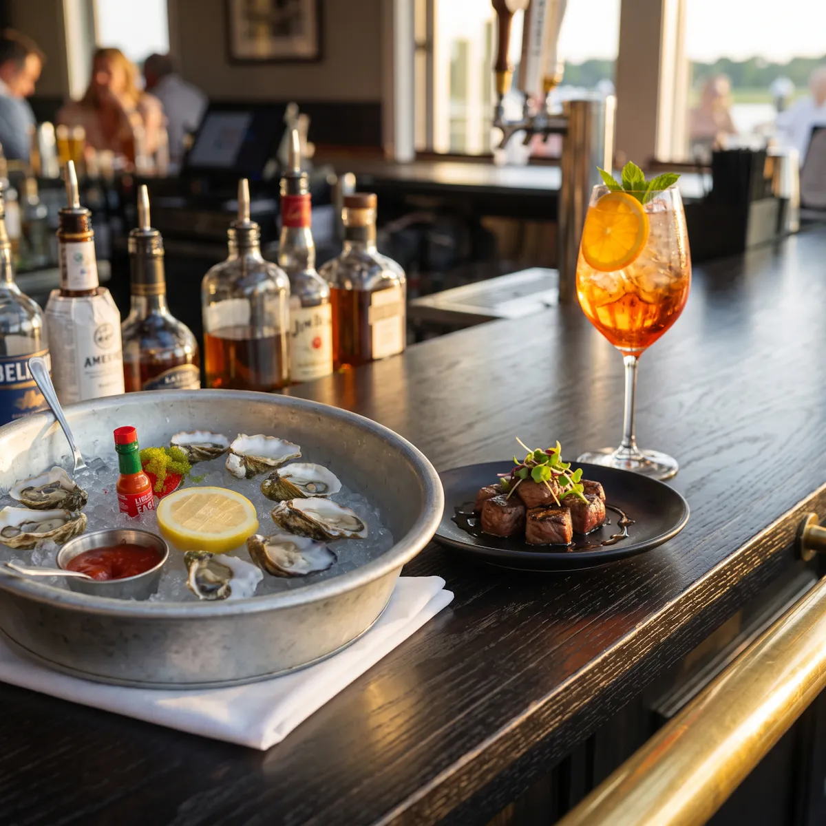 a plate of oysters and a glass of liquid on a bar