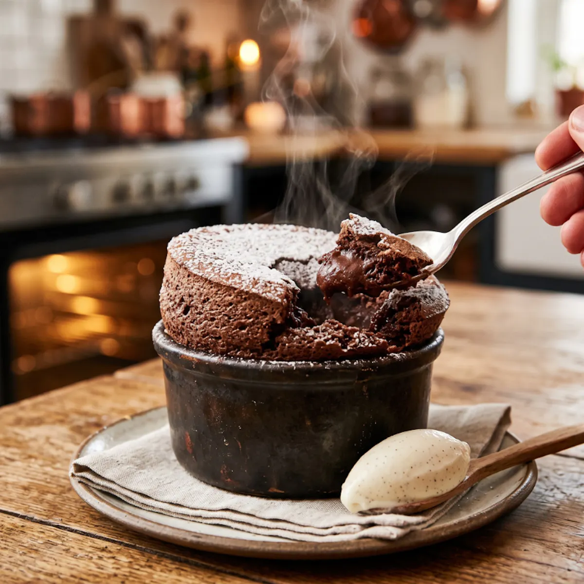 a person holding a spoon over a chocolate souffle