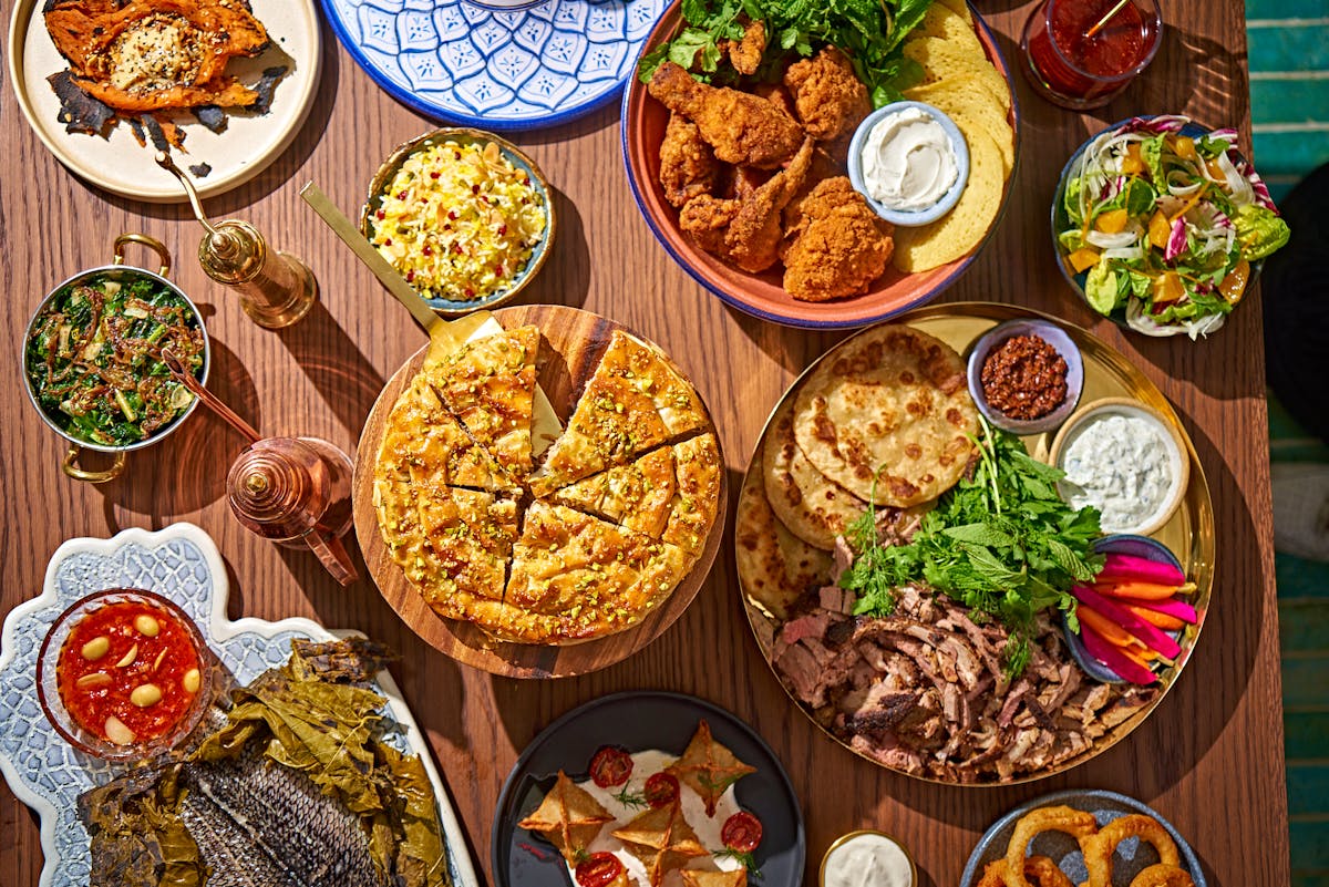 overhead shot of dinner menu food