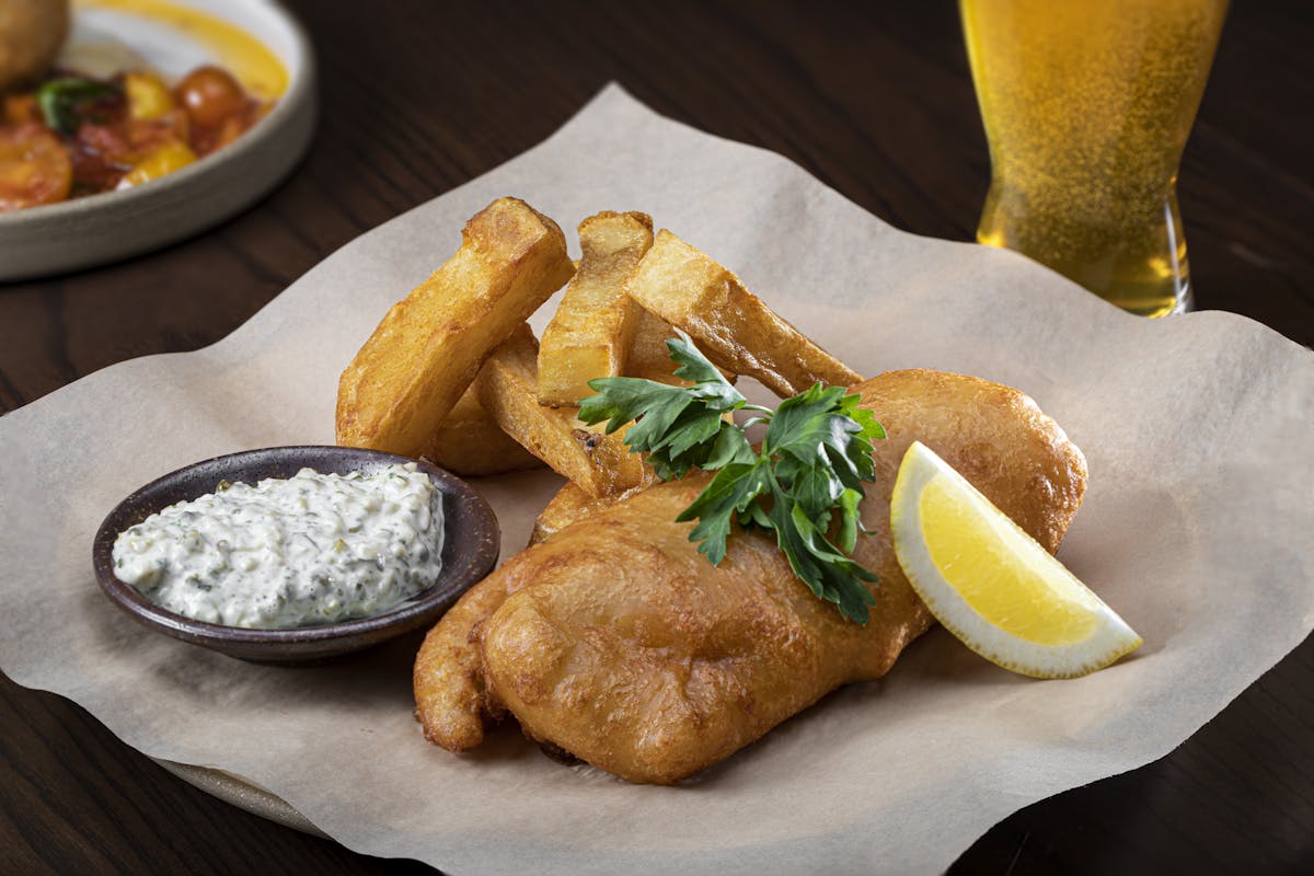 Beer Battered Fish & Chips with malt vinegar, tartar sauce