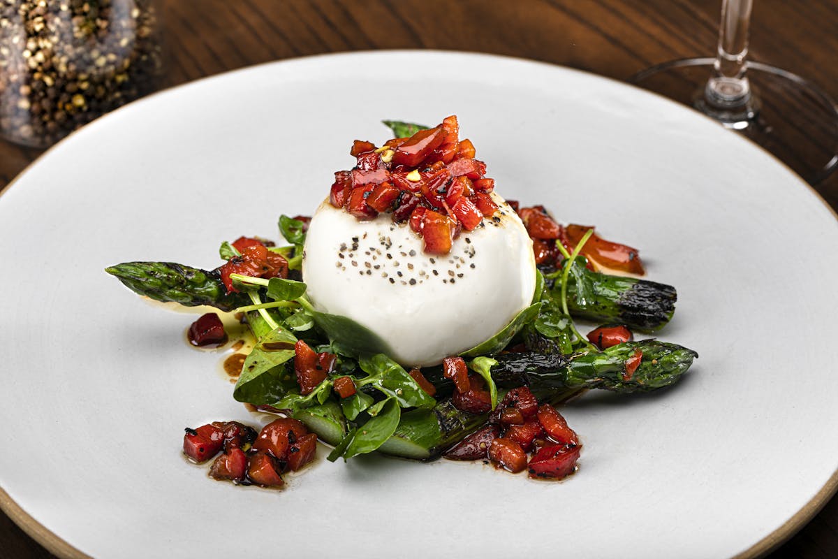 Burrata with chargrilled asparagus, roasted red pepper balsamic