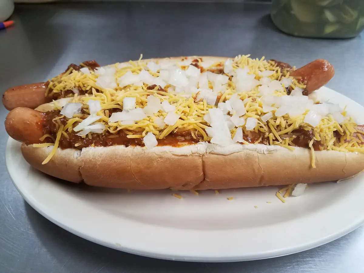 a hot dog on a bun covered in toppings