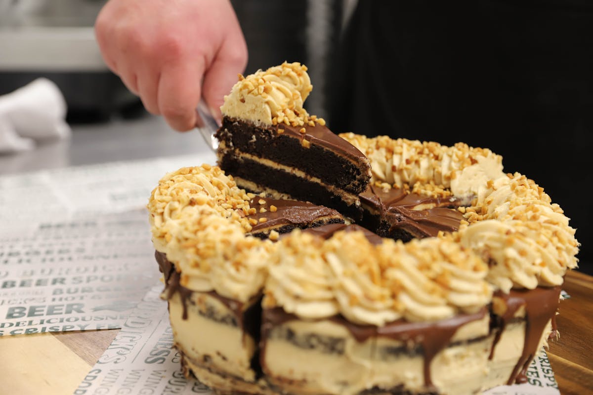 a piece of chocolate cake on a table