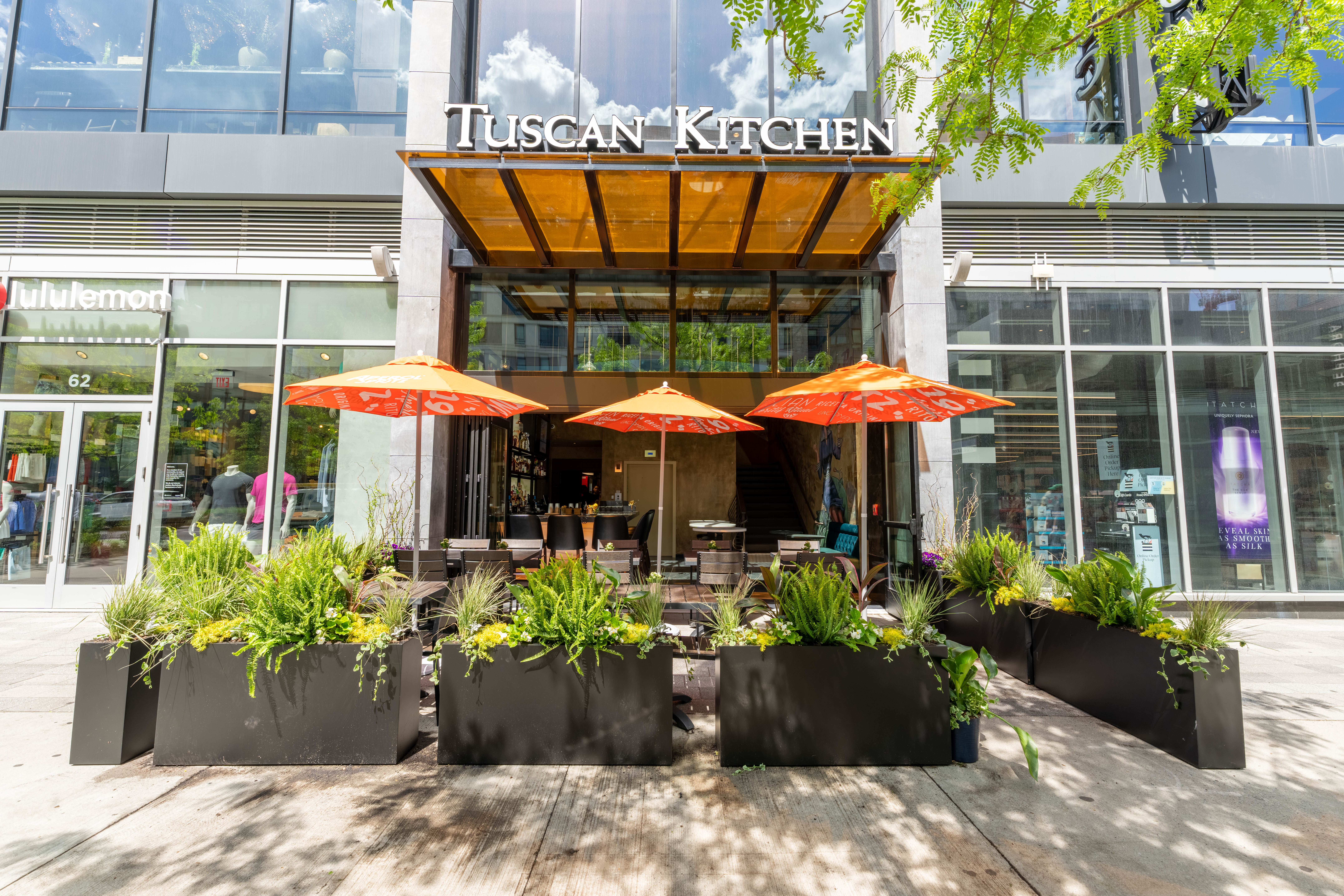 a building with a group of umbrellas
