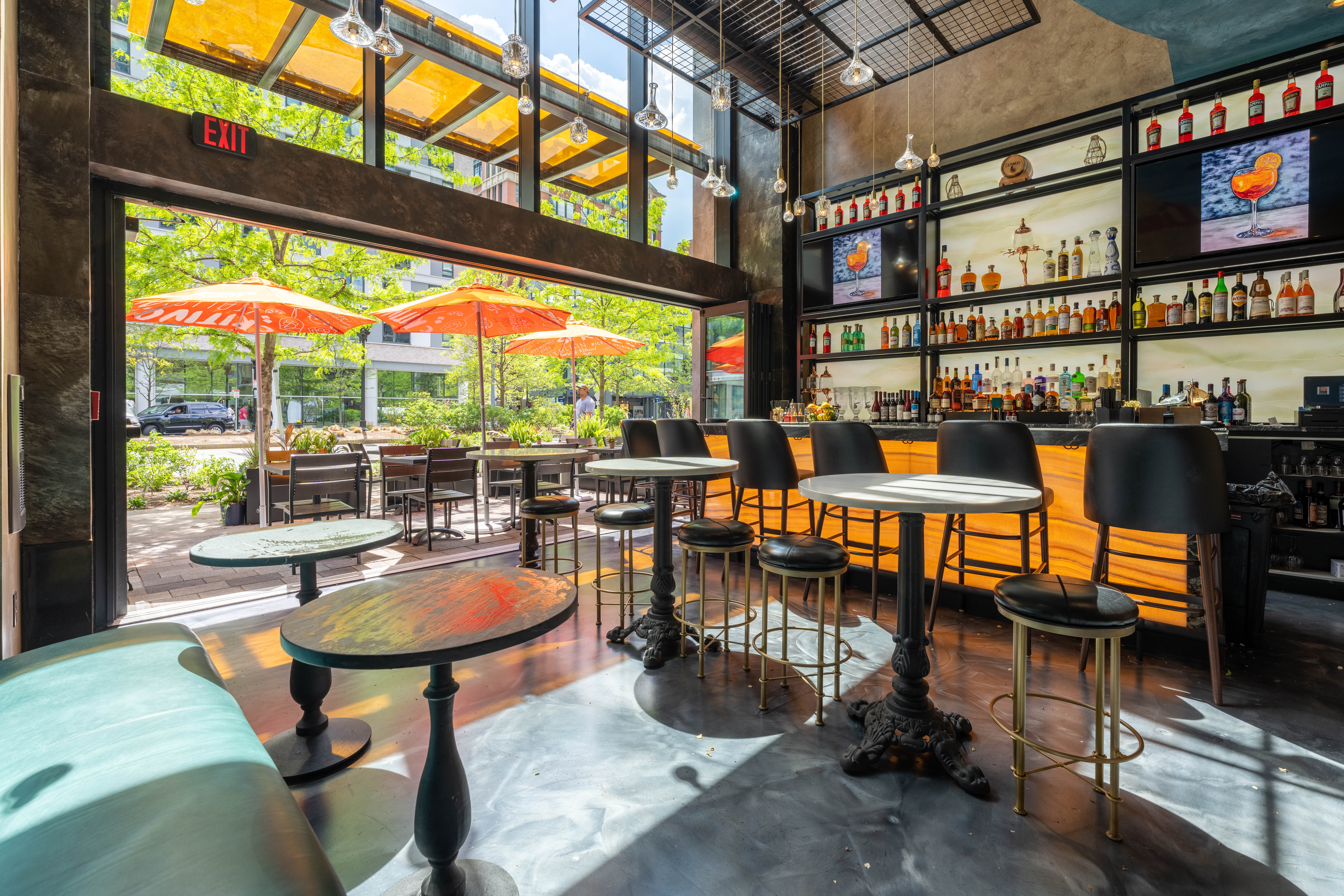 a room with tables and chairs