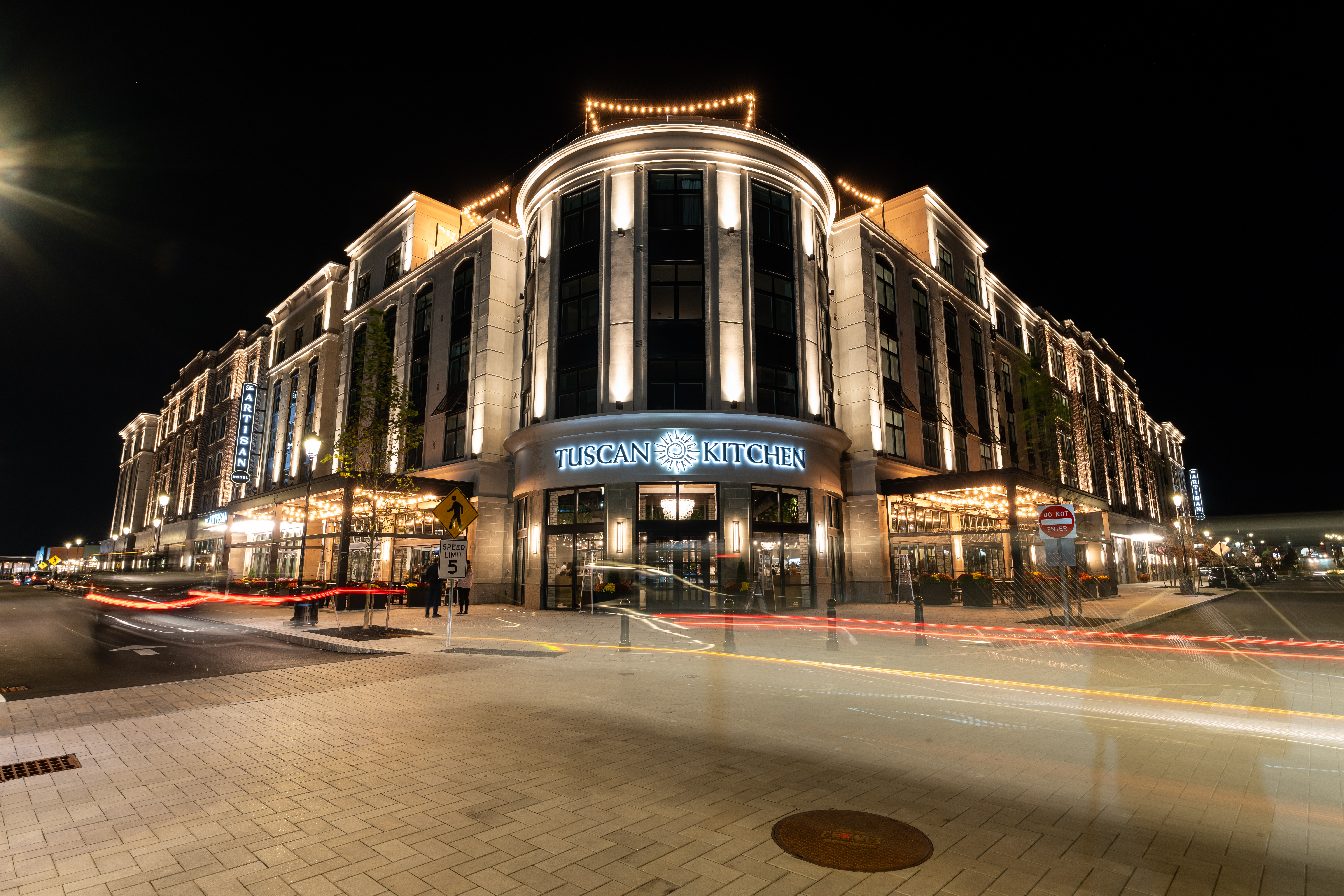 a building with lights on the front
