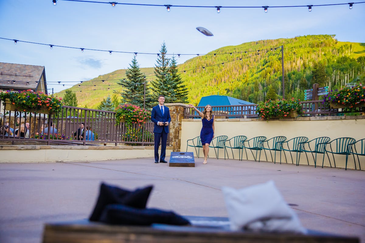 Larkspur Wedding Venue Vail Colorado Mountain Rehearsal, Welcome Reception Mountainside Patio Outdoor Reception Games