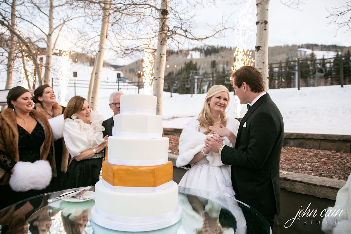 Larkspur Vail Winter Wedding Venue Colorado Cake Cutting