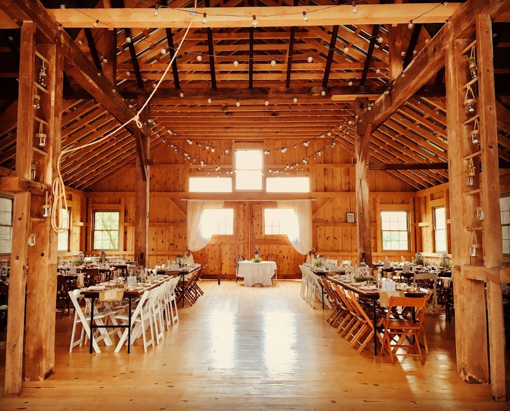 a dining room table in front of a building