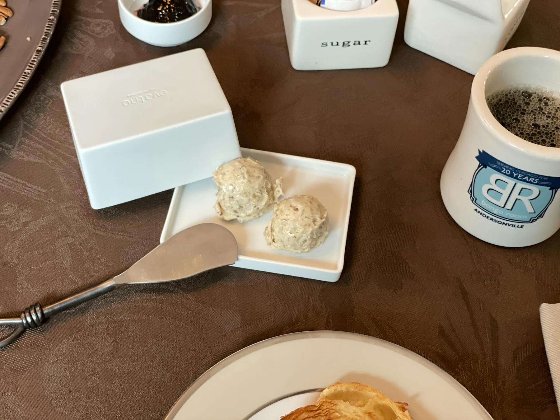 a plate of food and a cup of coffee on a table