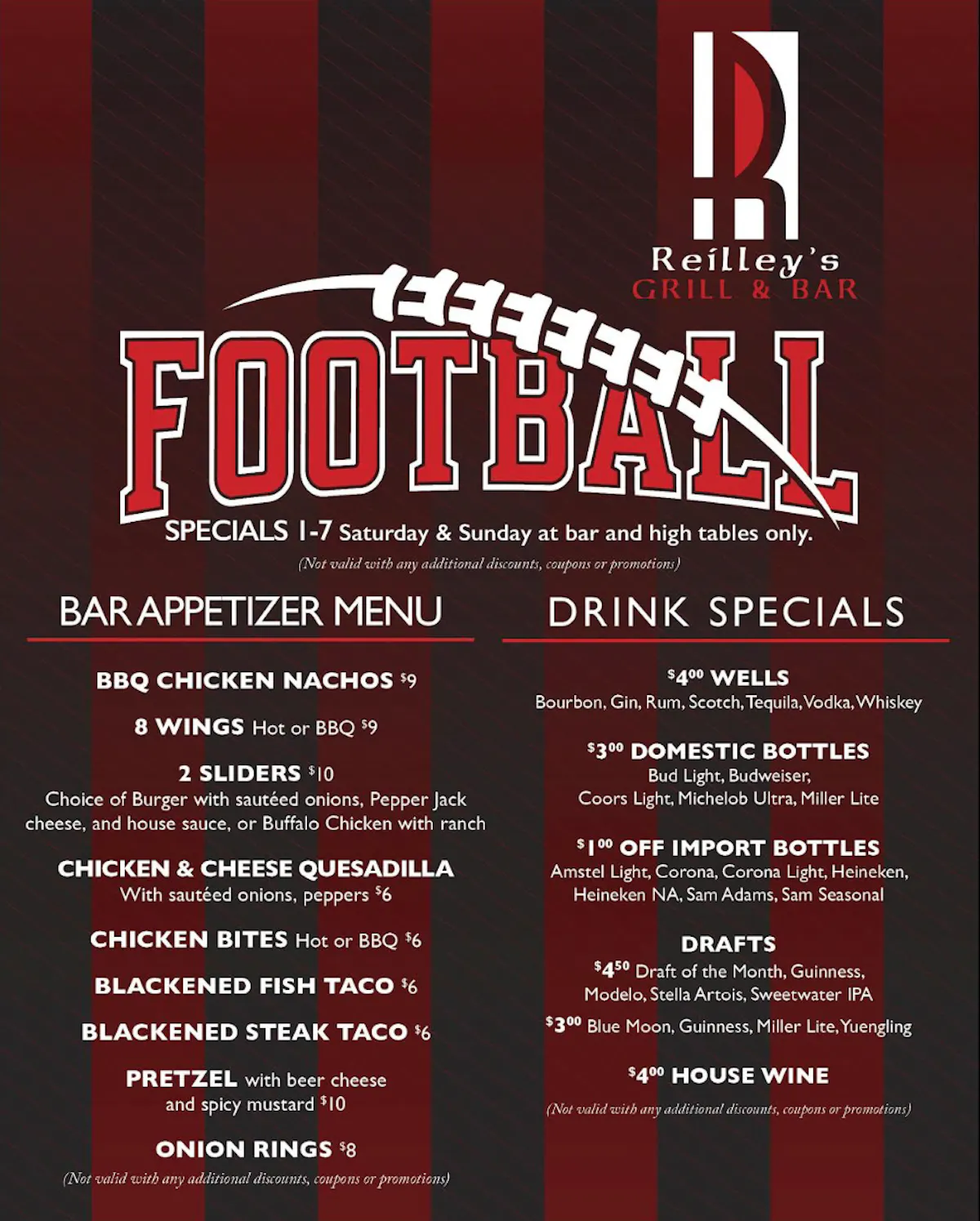 a menu of a football bar