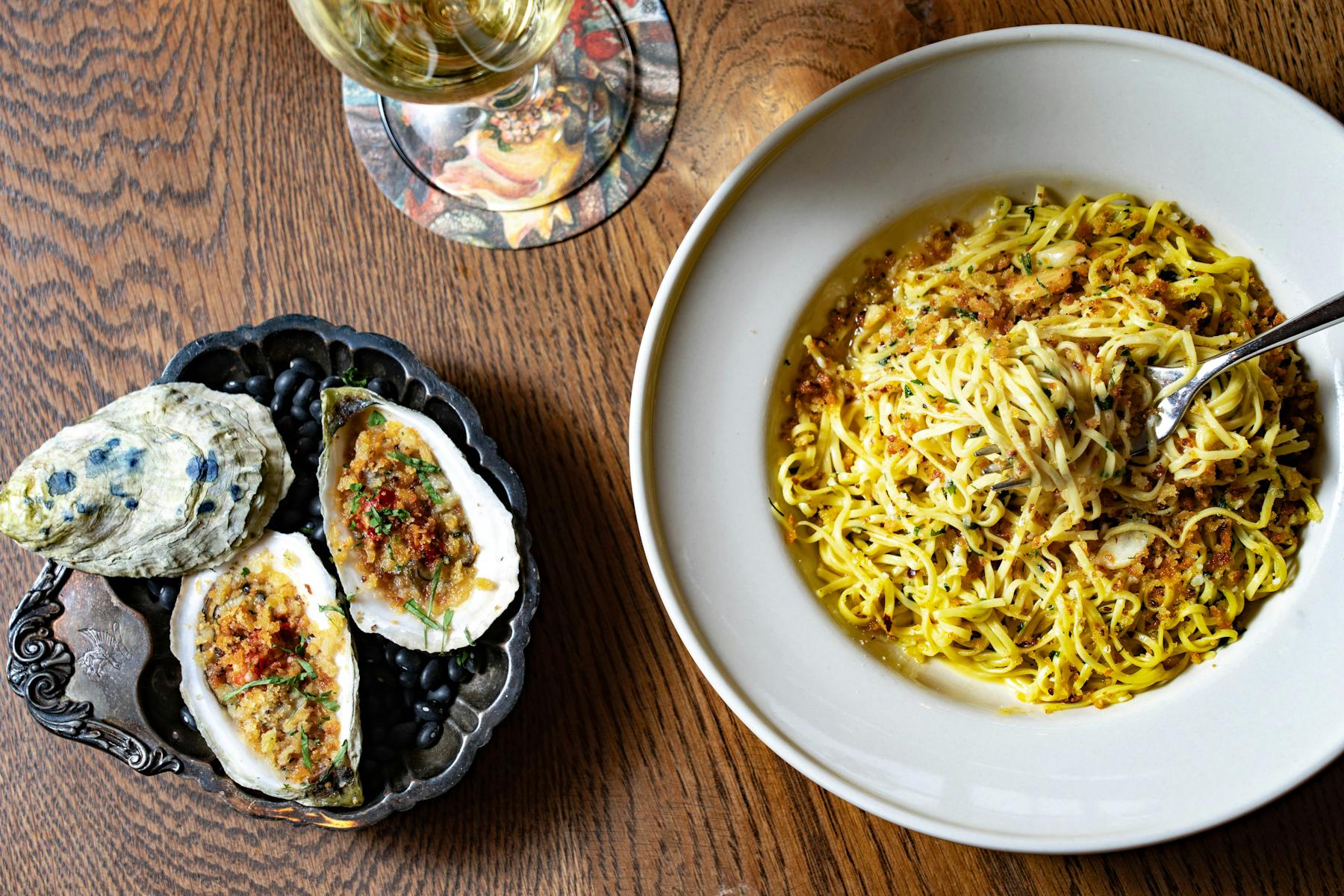 Broiled Clams, Wine, Angel Hair Francese