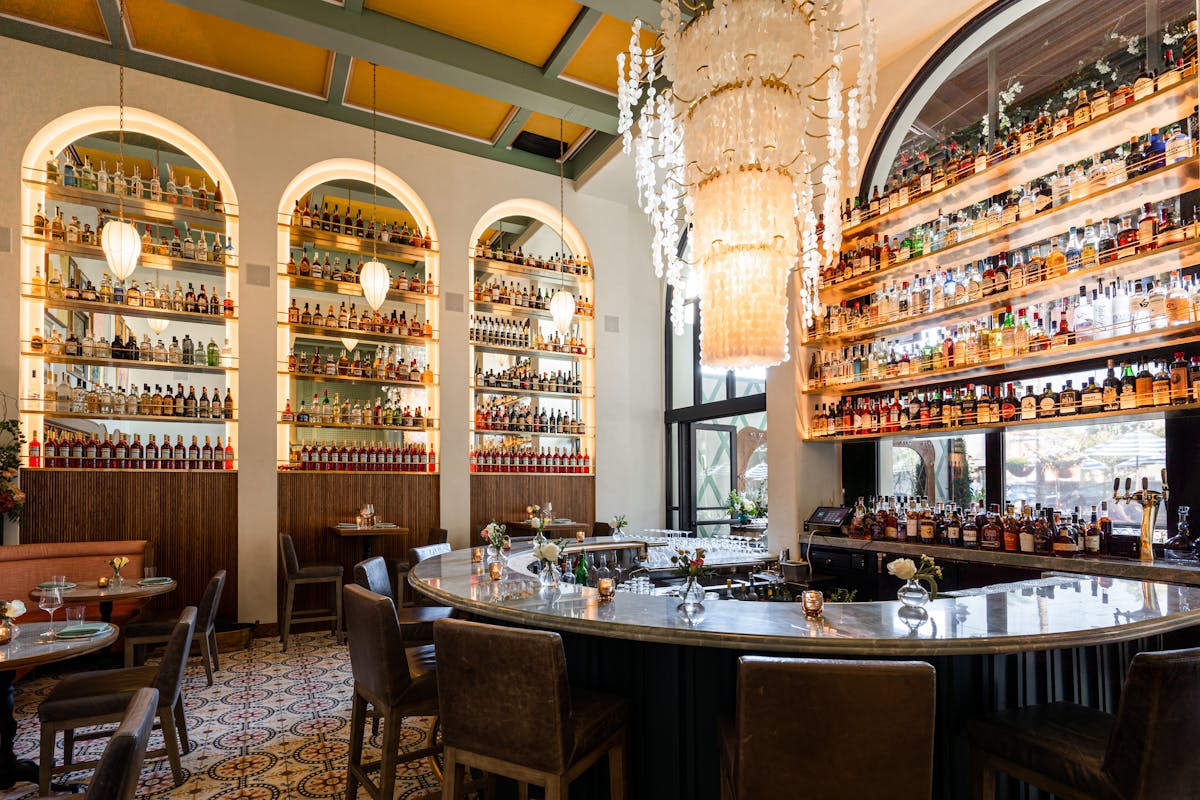 a dining room table in front of a store