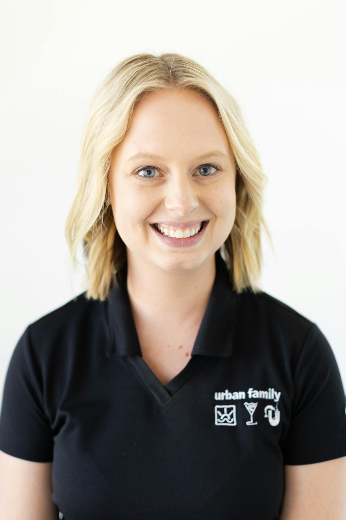 a woman in a blue shirt