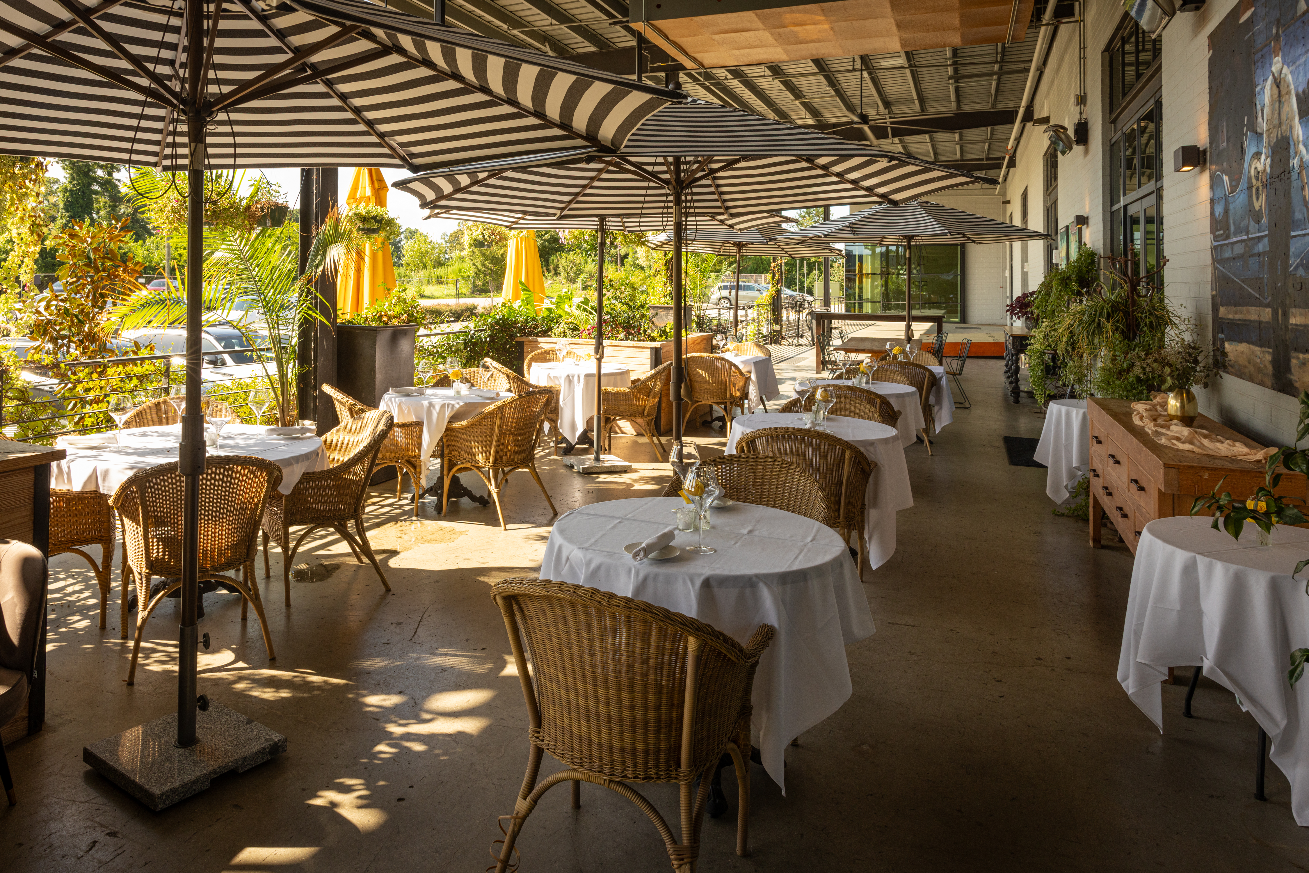 a dining room table in front of a building