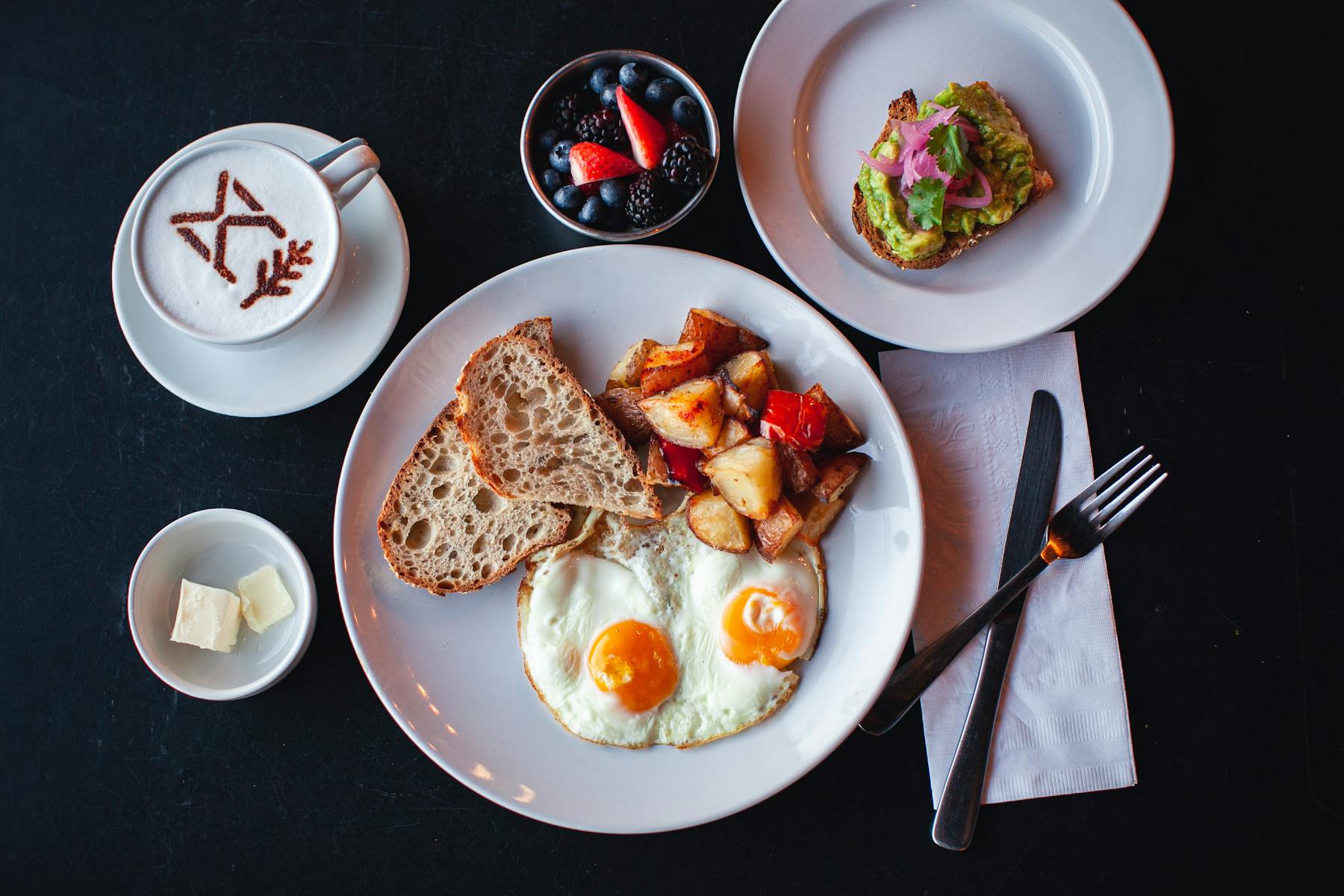 egg, toast and diced potatoes