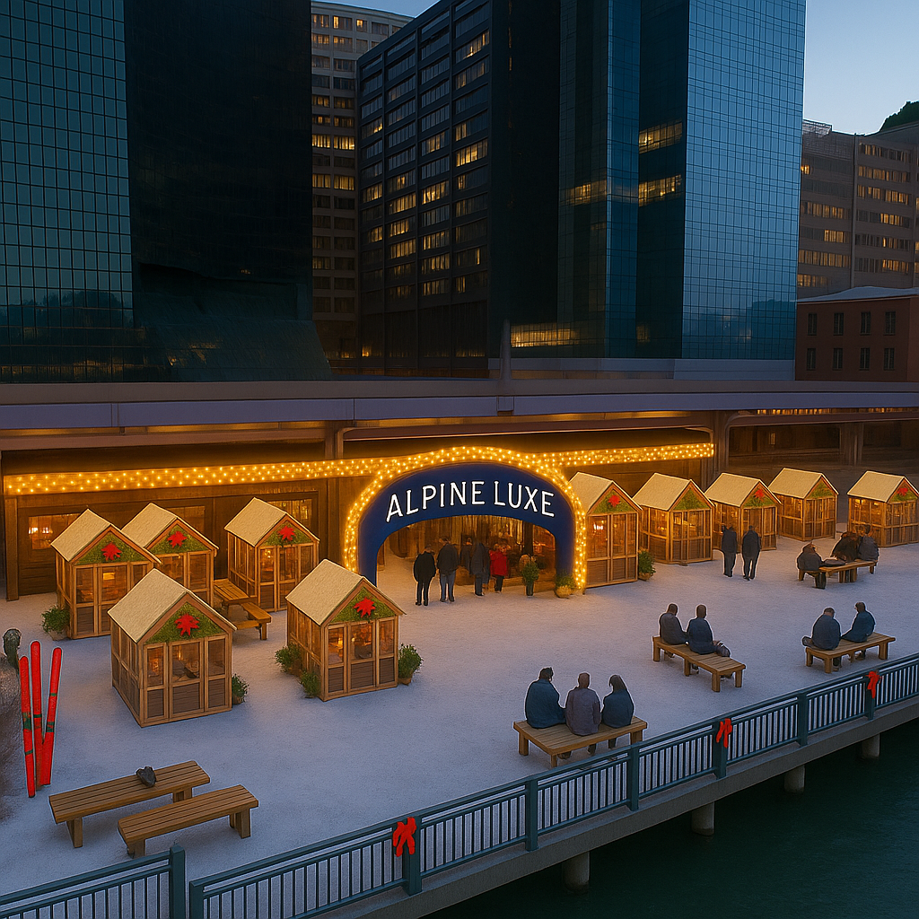 Cozy après-ski scene with skyline views and seating