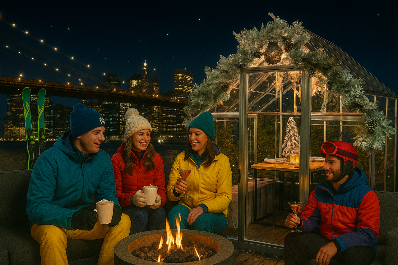 Waterfront chalets with holiday lights at Industry Kitchen