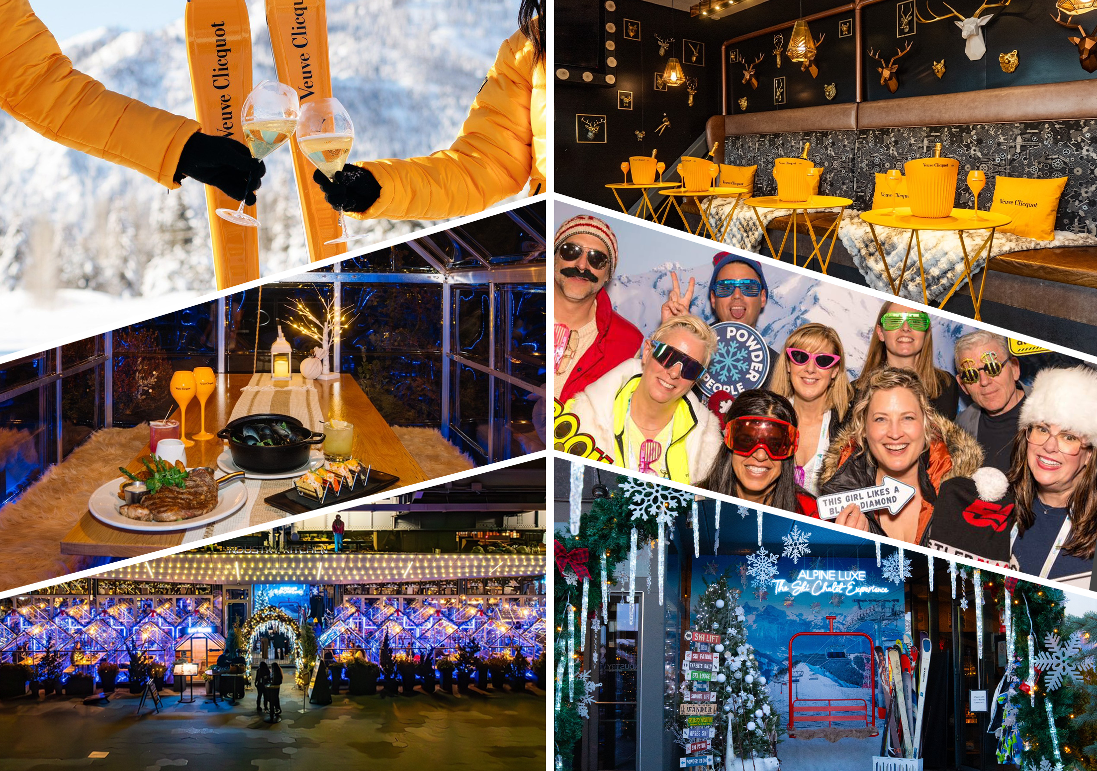 Industry Kitchen Alpine Luxe New Year’s Eve chalets and waterfront skyline collage.