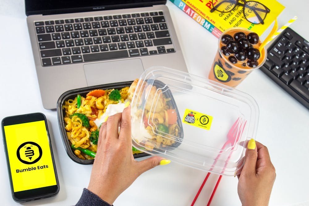 a box filled with different types of food on a table