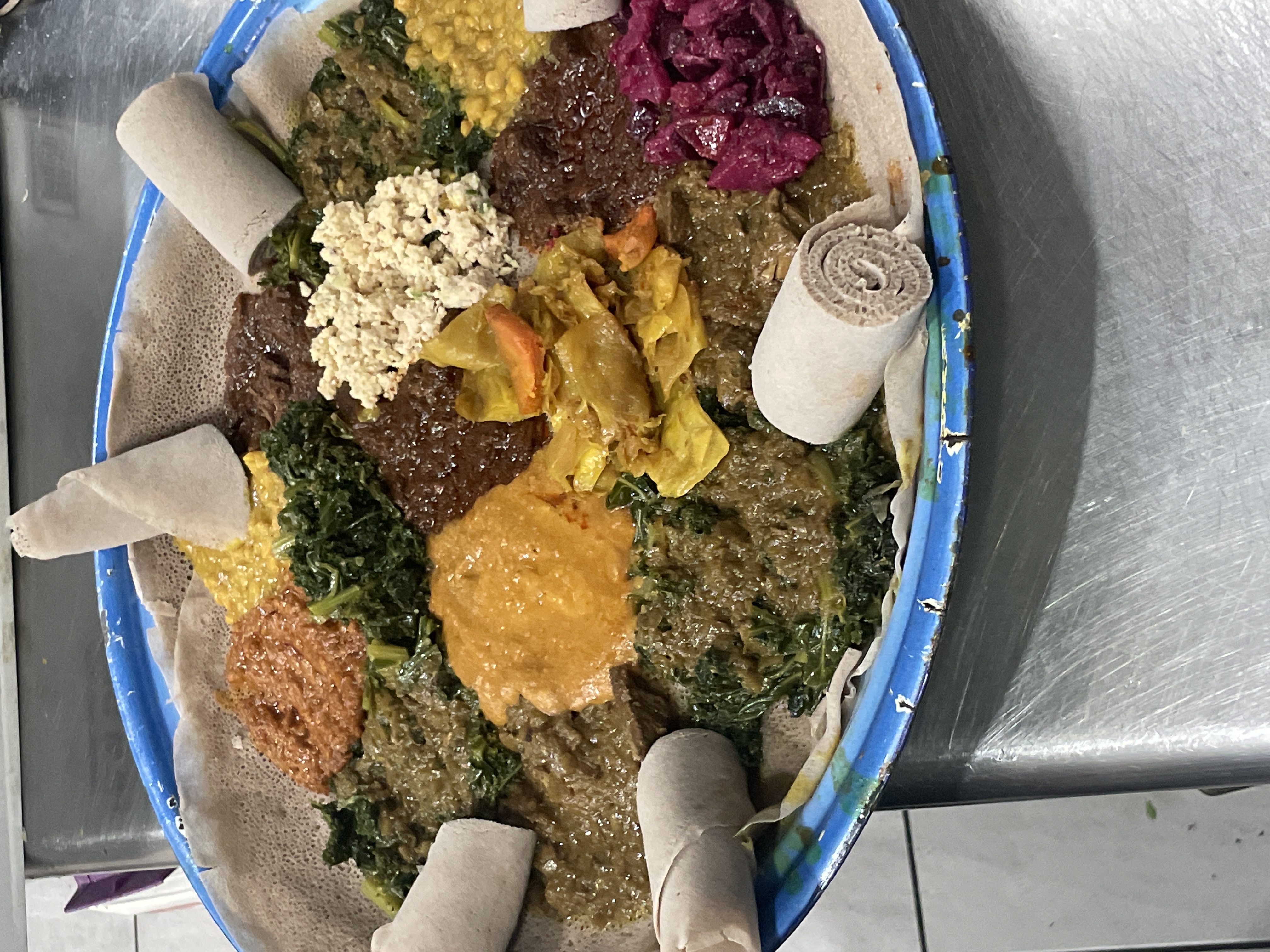 Spicy Doro Wat stew served with injera at Bati Ethiopian Kitchen in Brooklyn