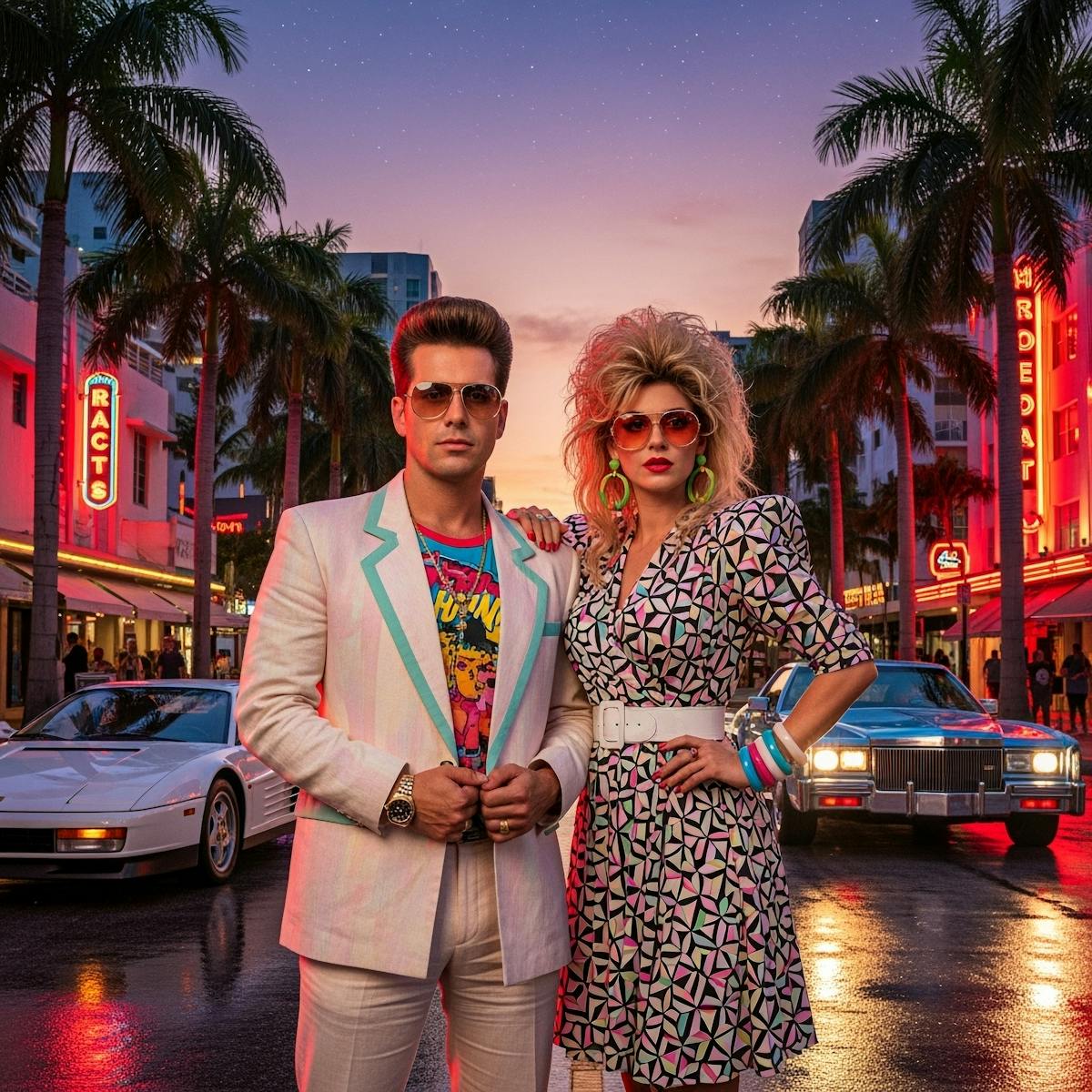 two people dressed in 80s' fashion standing in front of a car posing for the camera
