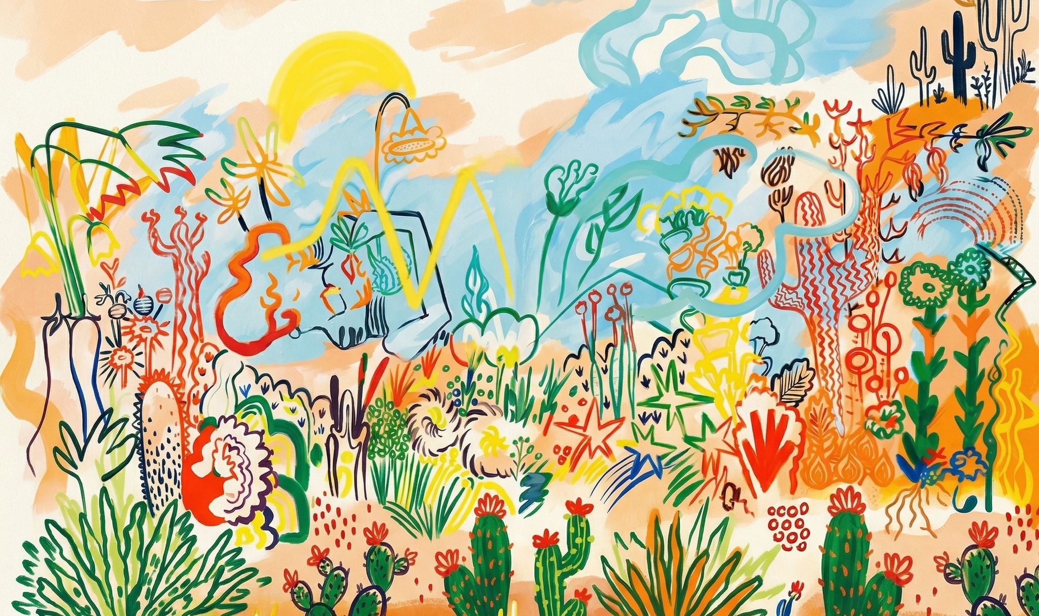 a colorful drawing of a cactus and plants