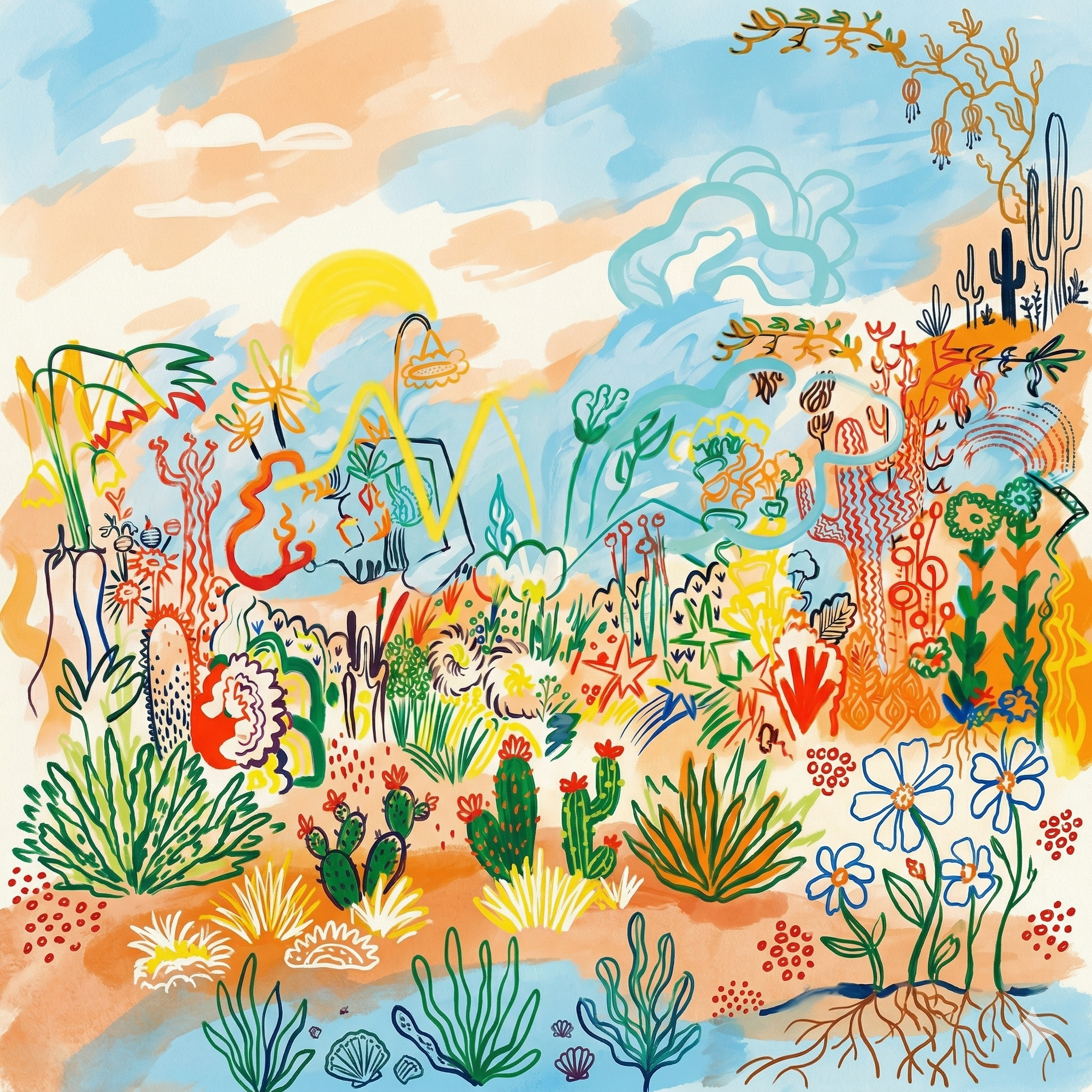 a drawing of a desert landscape