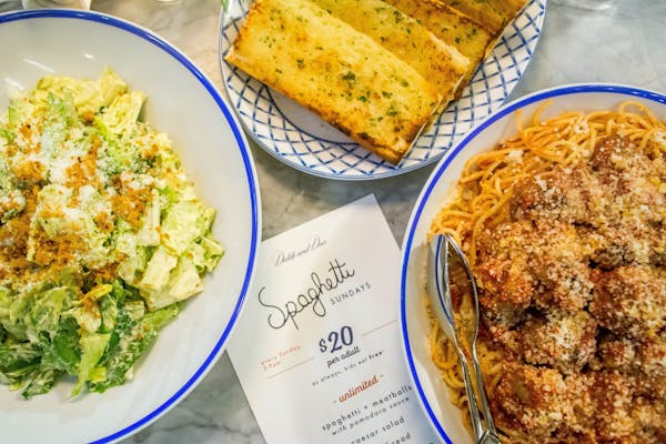Family-style spaghetti special at family-friendly Wrigleyville restaurant and bar