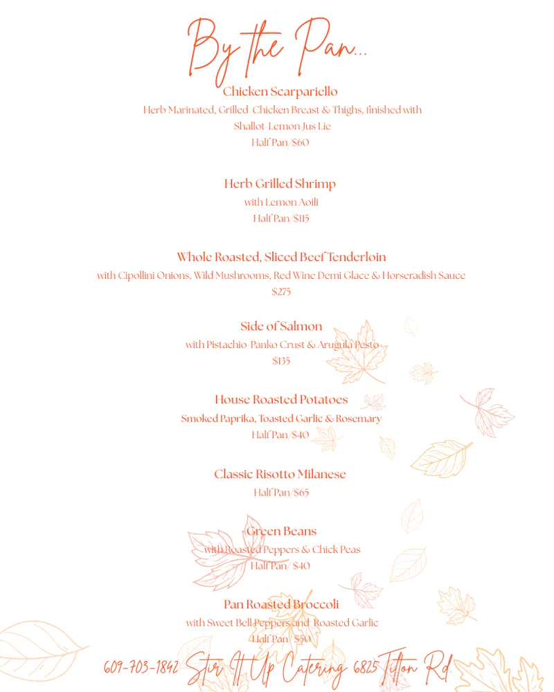 a menu with orange and white text