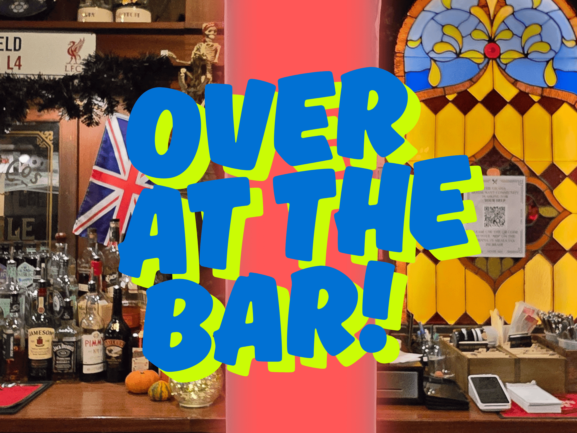 a bar with bottles of alcohol and a sign