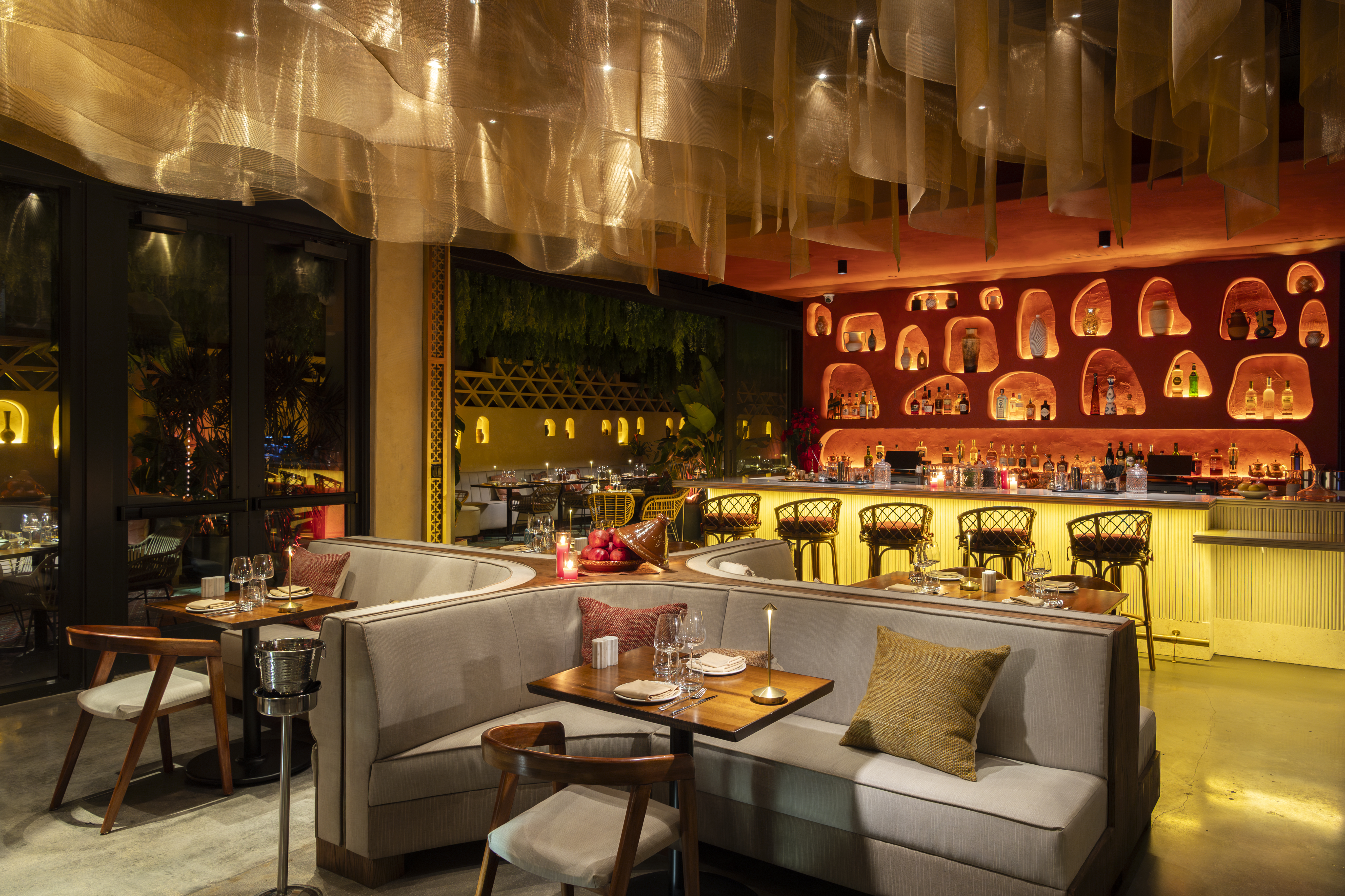 a store front at night