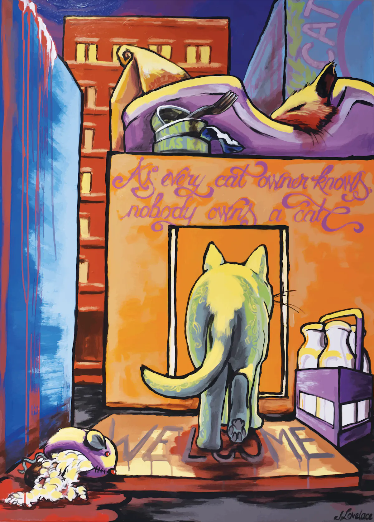 a painting of a graffiti covered wall