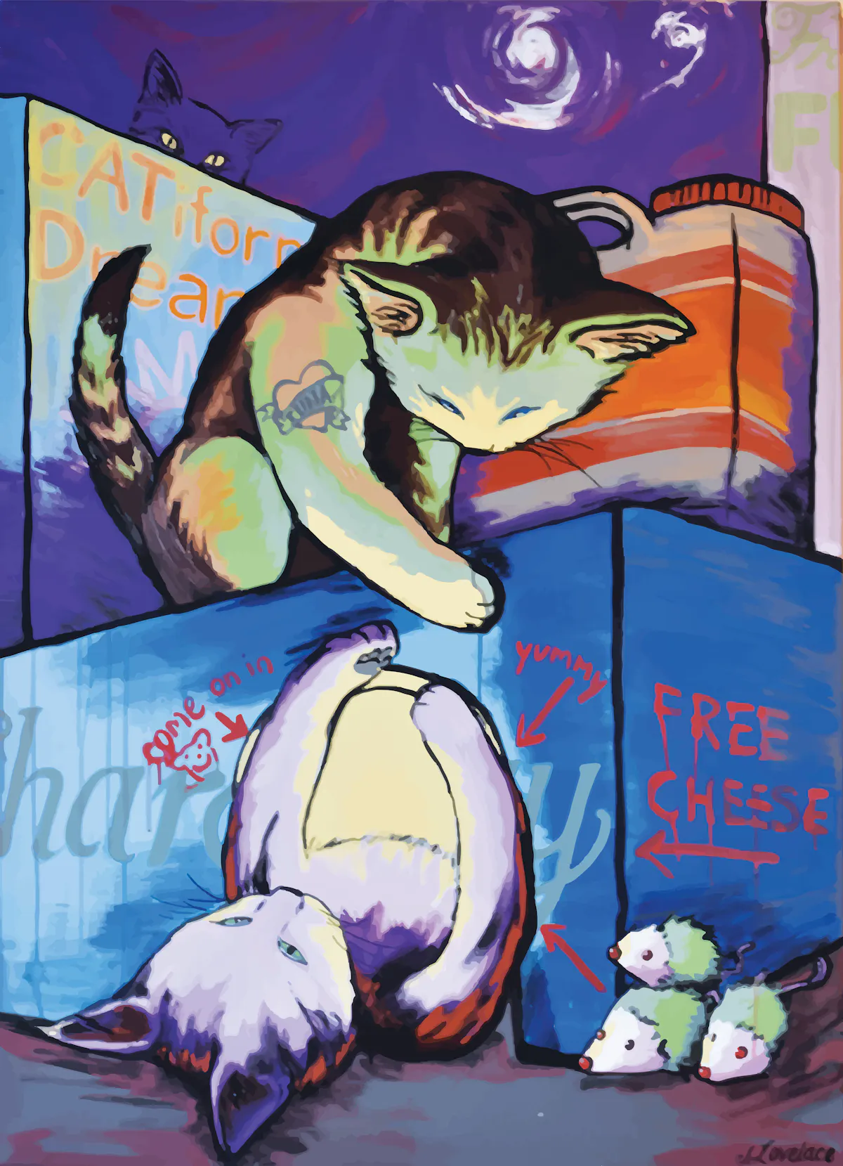a group of stuffed animals and covered with graffiti