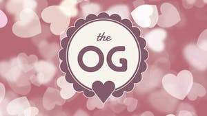 a logo with hearts in the background