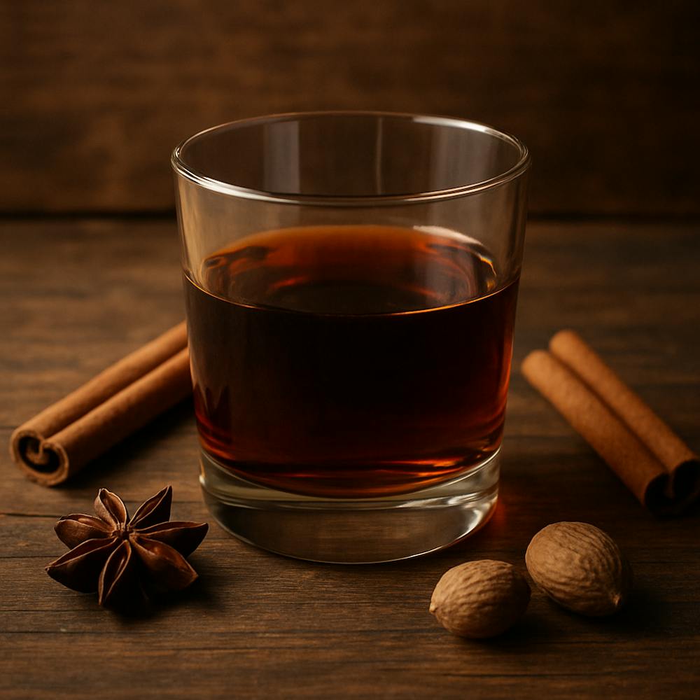 Glass of dark rum with fall spices on a wooden table