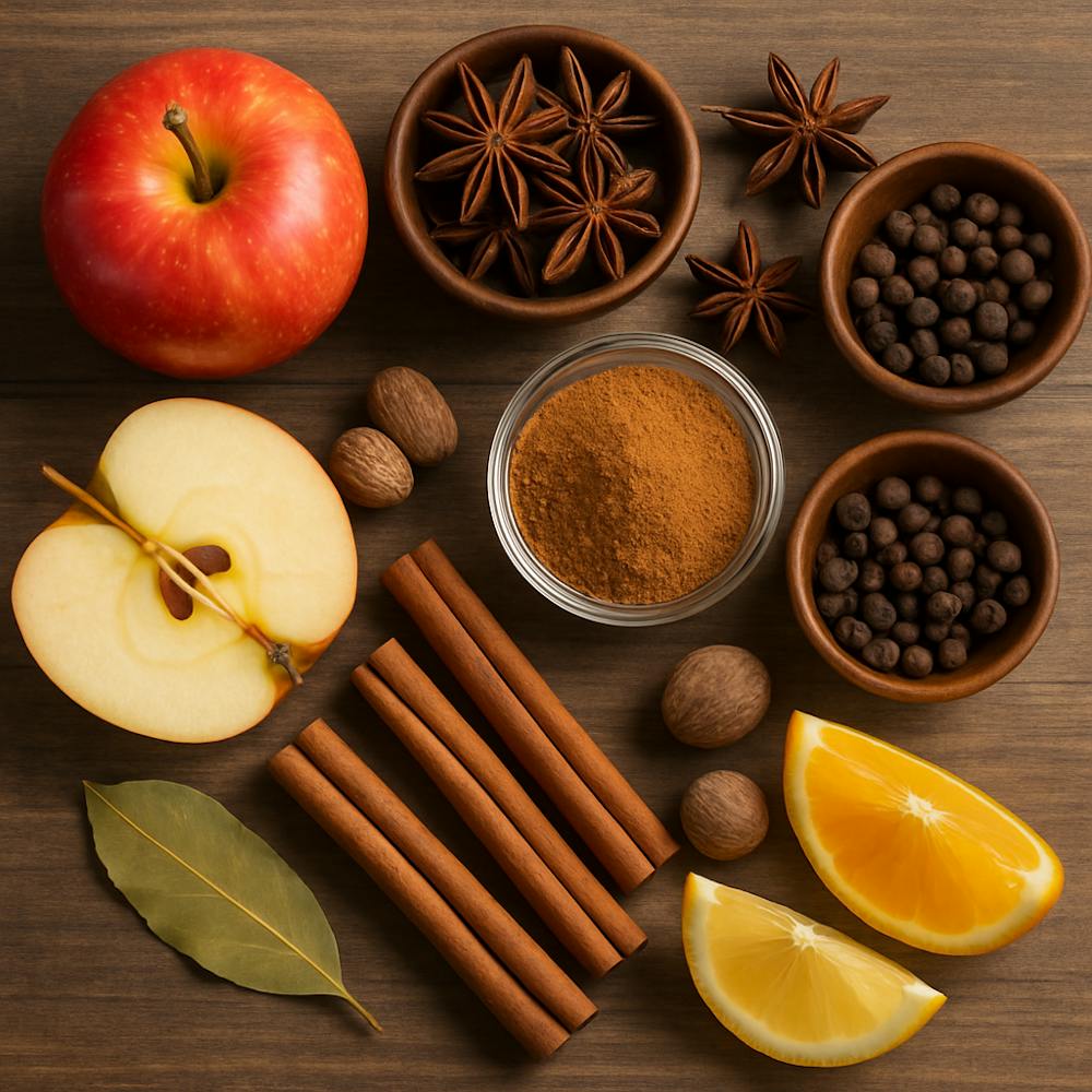 Assortment of ingredients like apple, cinnamon, and spices for fall cocktails