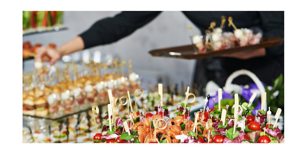 Plated dinner, buffet, and food station examples at wedding reception