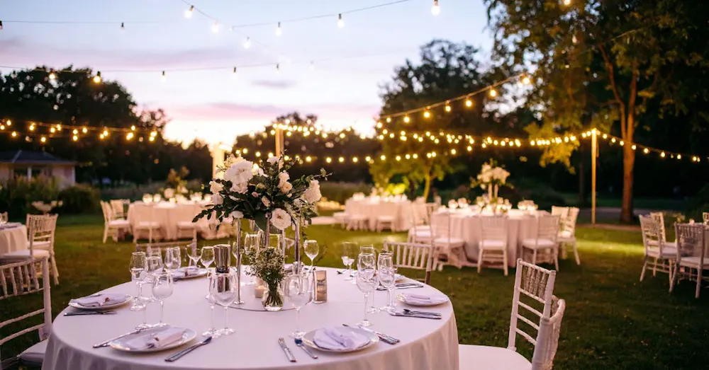 An elegant outdoor evening wedding reception at sunset with round tables, white linens, floral centerpieces, and warm string lights hanging from trees.