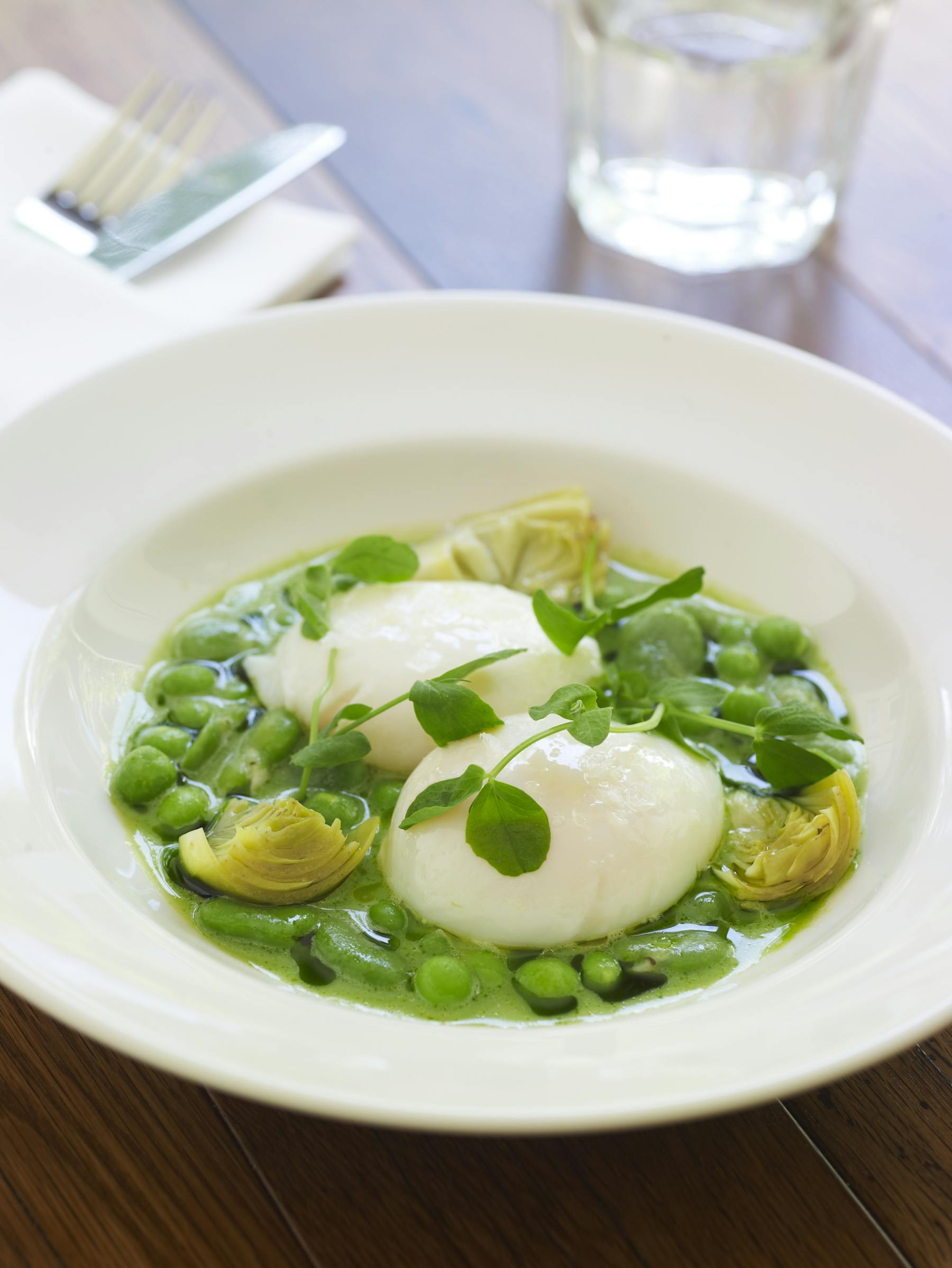 poached eggs in vignarola at Maialino brunch