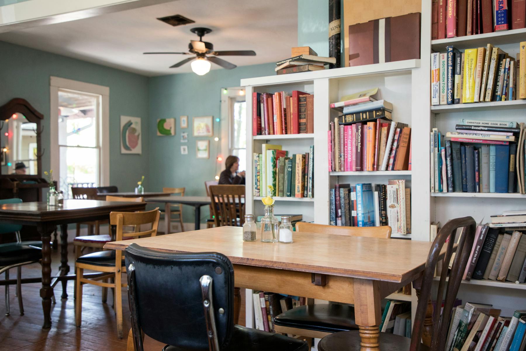a room with a book shelf