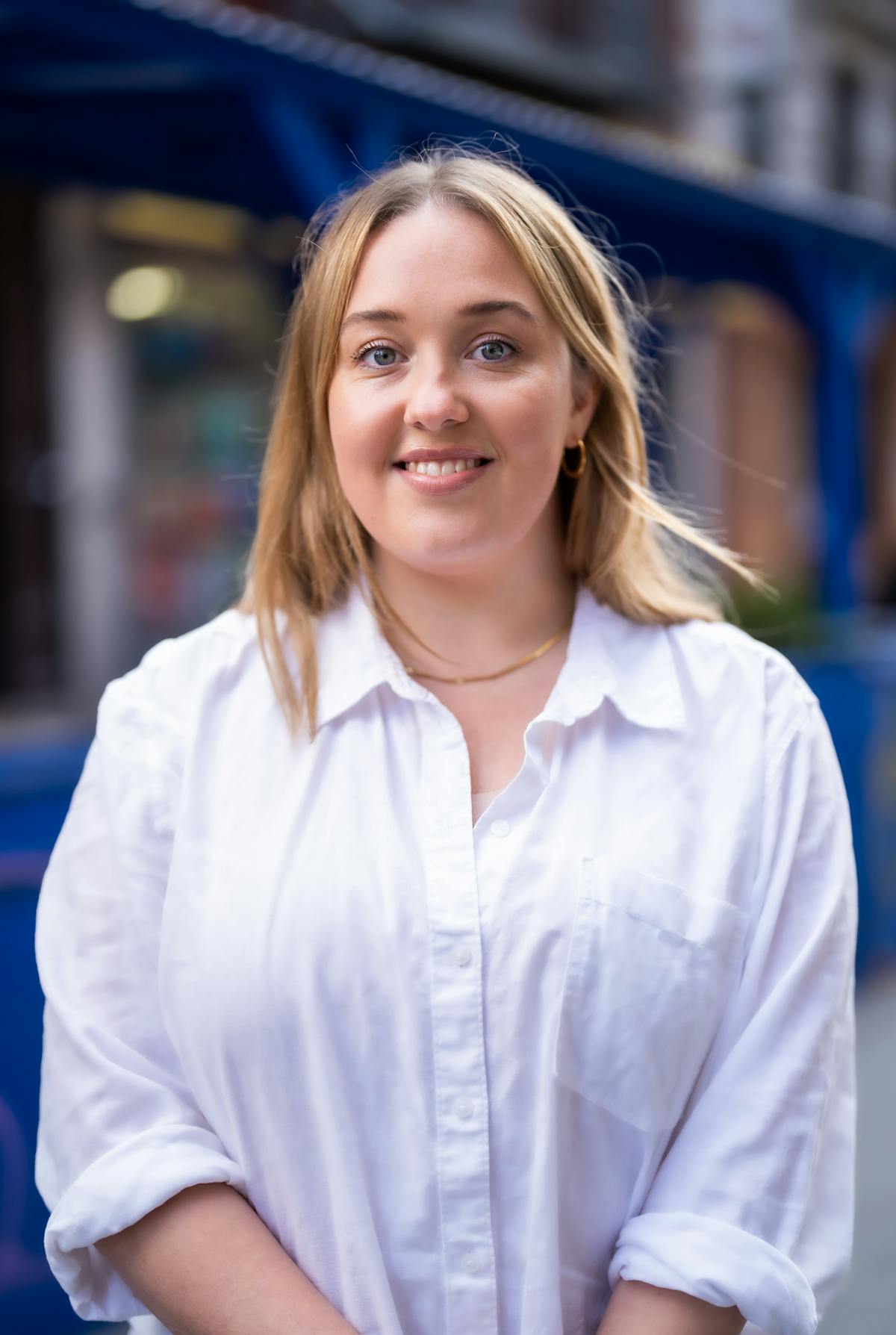 a woman in a blue shirt