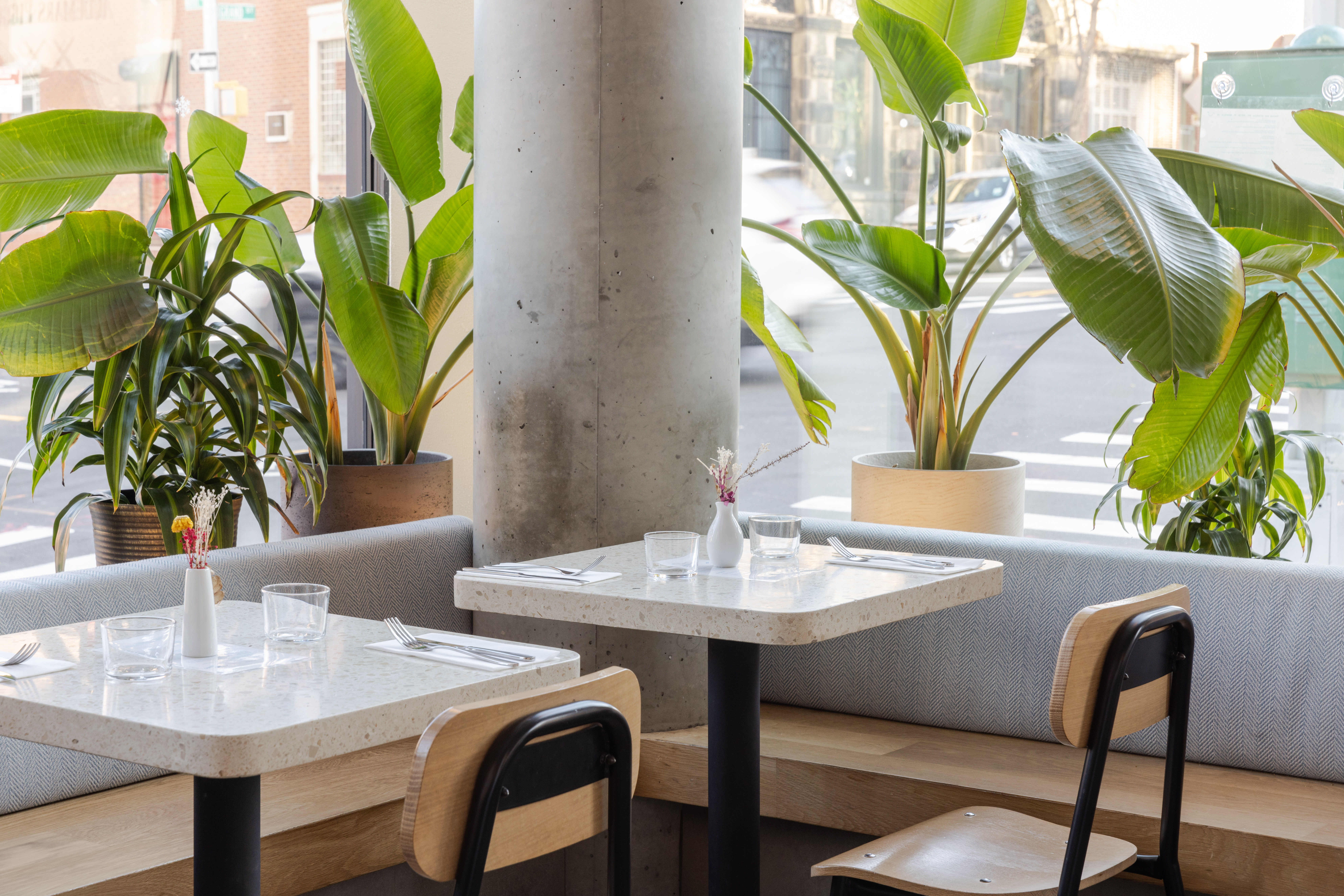 a table with chairs and tables in a restaurant